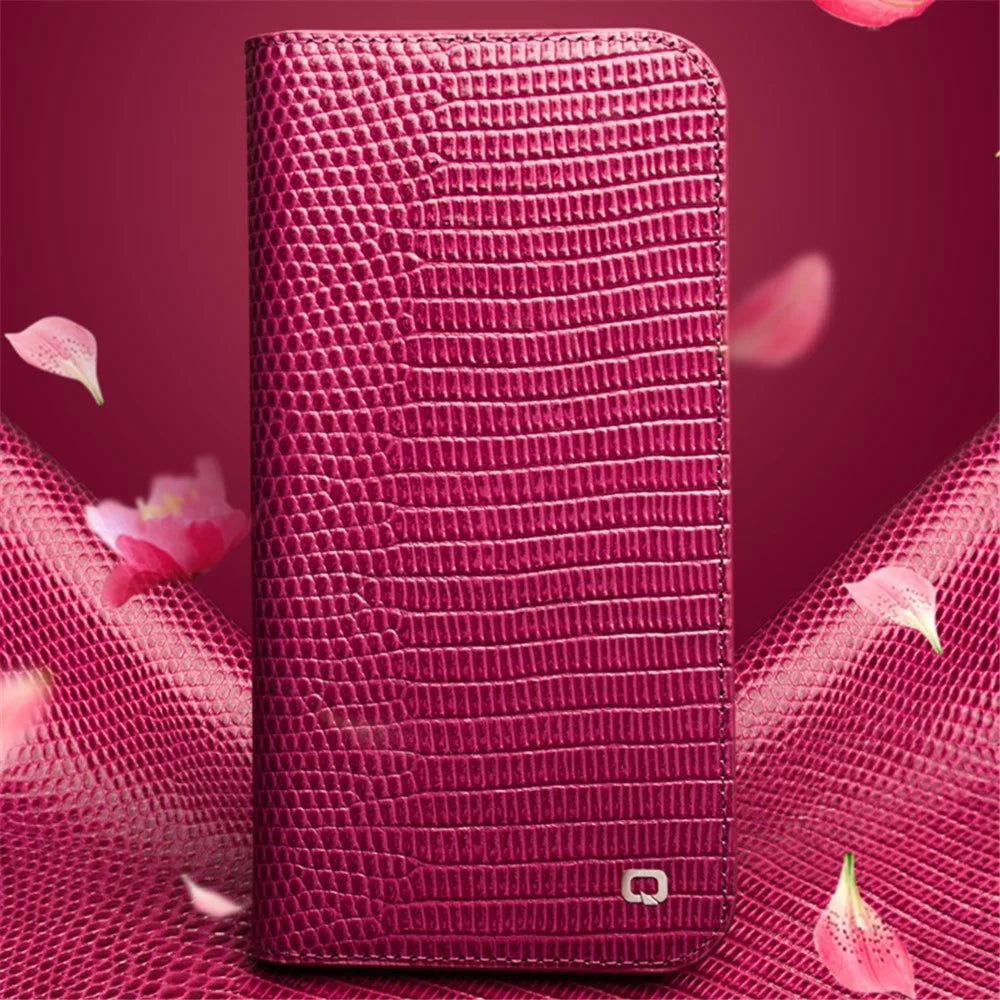 QIALINO For iPhone 15 Plus Crocodile Texture Phone Case Genuine Cow Leather Wallet Stand Cover - Rose - 5