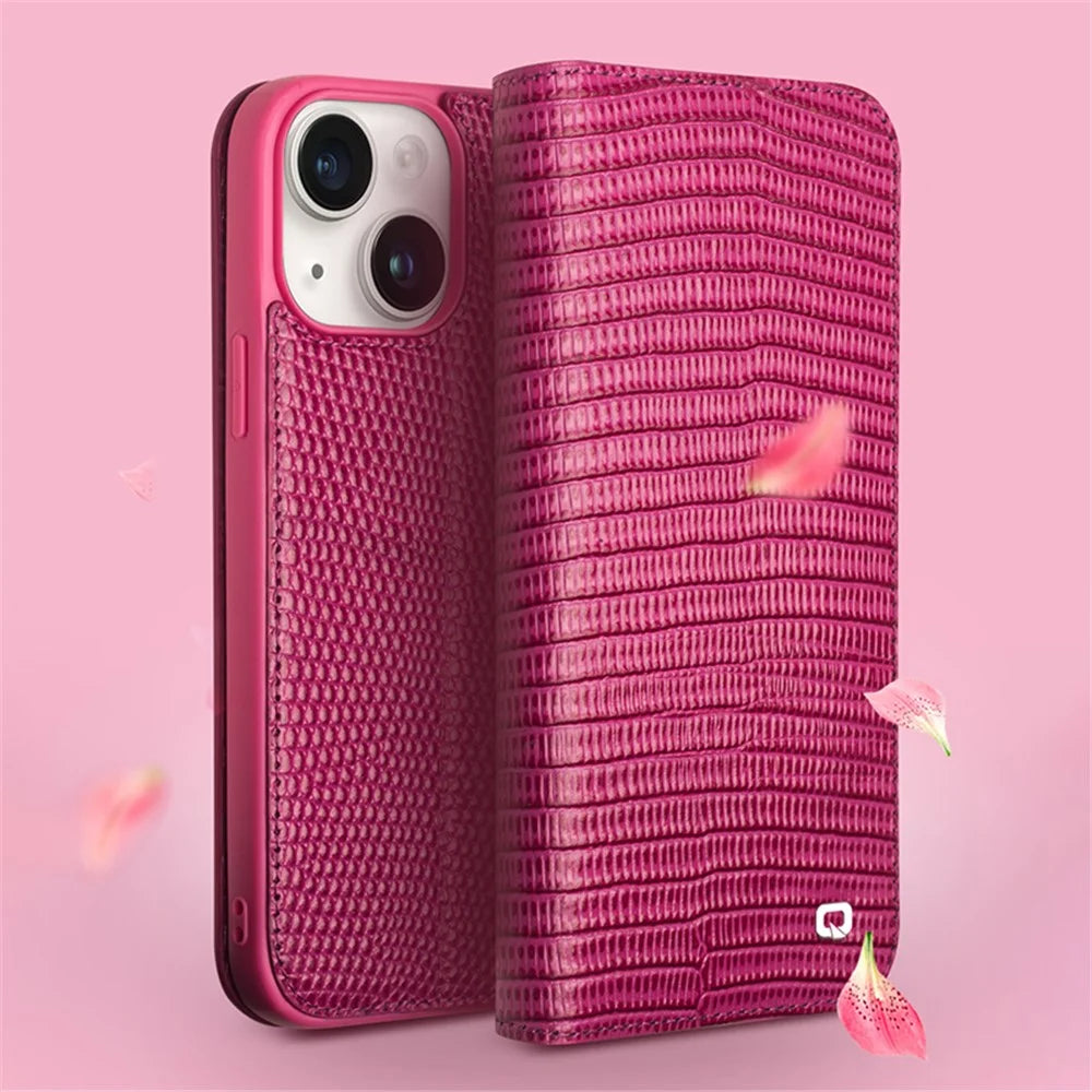 QIALINO For iPhone 15 Plus Crocodile Texture Phone Case Genuine Cow Leather Wallet Stand Cover - Rose - 6