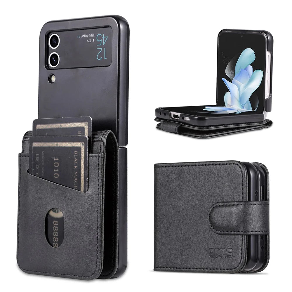AZNS For Samsung Galaxy Z Flip4 5G Case PU Leather Card Holder Phone Cover - Black - 1