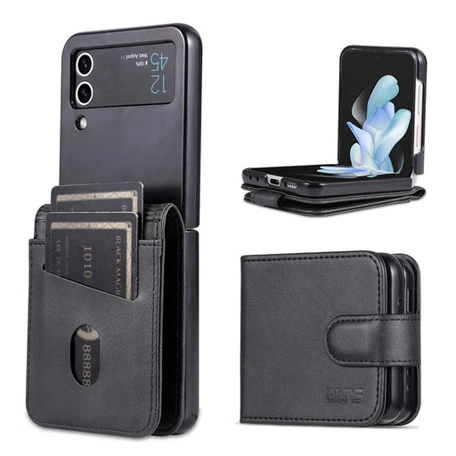 AZNS For Samsung Galaxy Z Flip4 5G Case PU Leather Card Holder Phone Cover - Black - 1