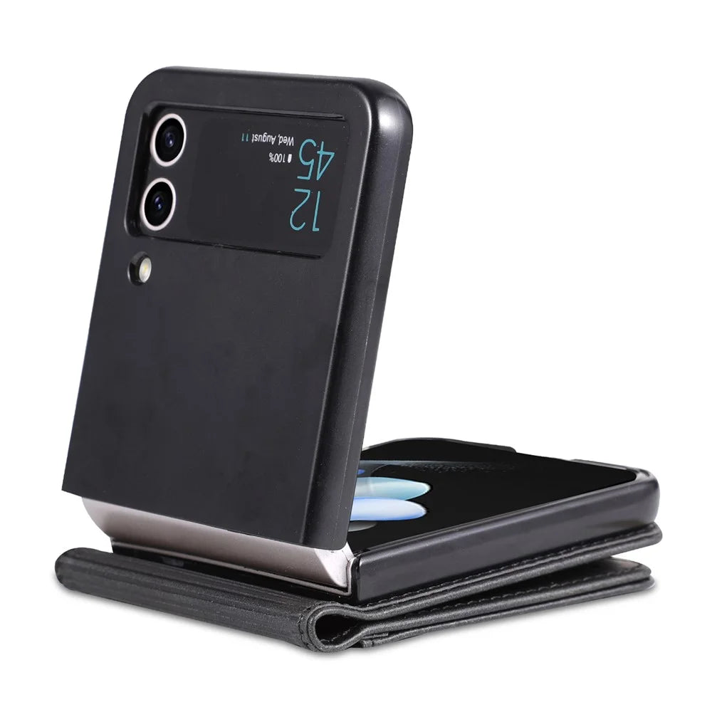 AZNS For Samsung Galaxy Z Flip4 5G Case PU Leather Card Holder Phone Cover - Black - 5