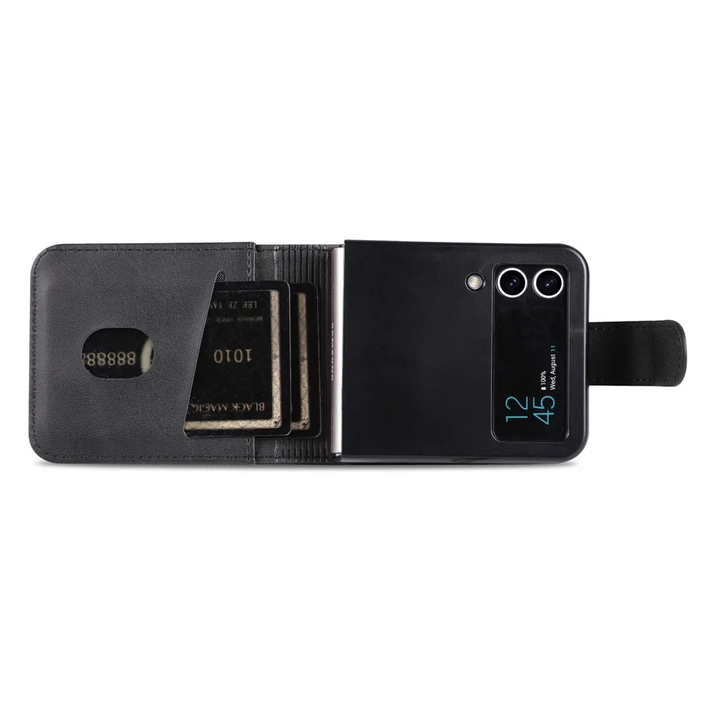 AZNS For Samsung Galaxy Z Flip4 5G Case PU Leather Card Holder Phone Cover - Black - 6