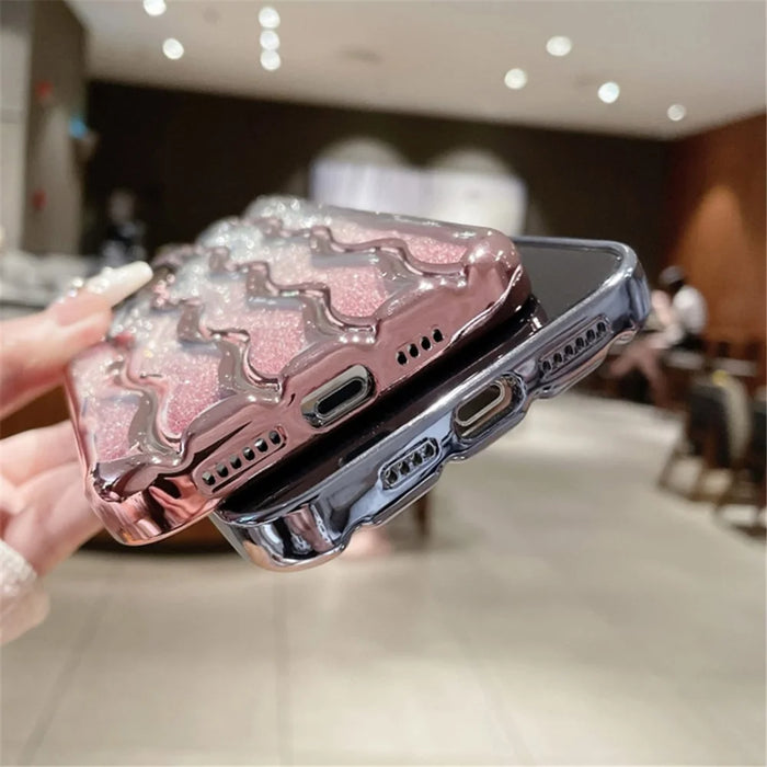 For iPhone 15 Wave Texture Glitter Phone Case Electroplated PC+TPU Anti-scratch Cover with Lens Film - Black - 2