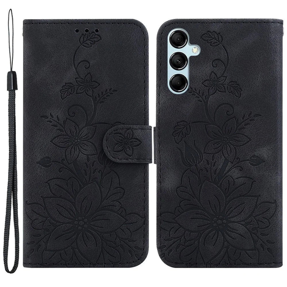 For Samsung Galaxy M34 5G / F34 5G Leather Wallet Case Stand Imprinted Lily Flower Phone Cover - Black - 1