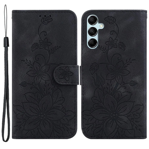 For Samsung Galaxy M34 5G / F34 5G Leather Wallet Case Stand Imprinted Lily Flower Phone Cover - Black - 1