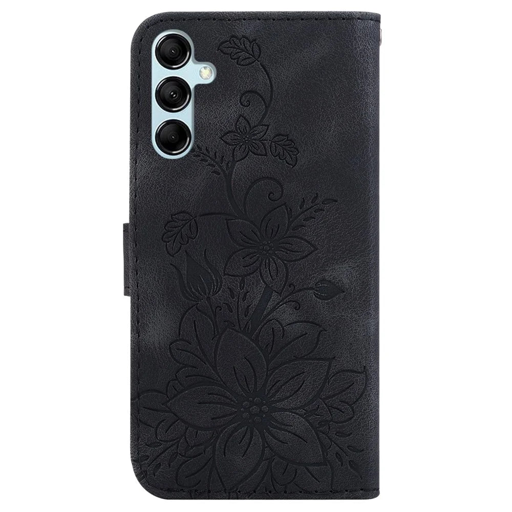 For Samsung Galaxy M34 5G / F34 5G Leather Wallet Case Stand Imprinted Lily Flower Phone Cover - Black - 7