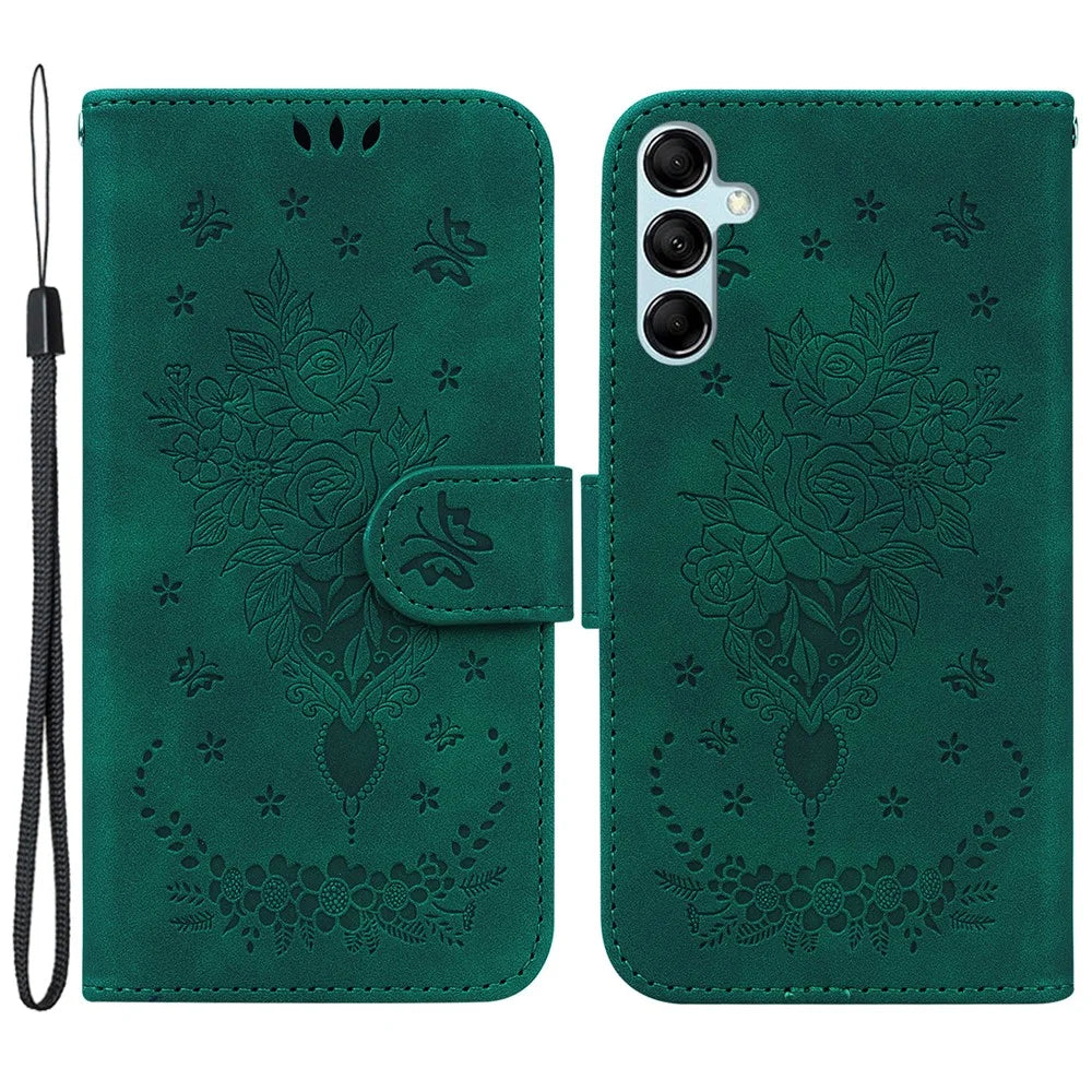 For Samsung Galaxy M34 5G / F34 5G Rose Butterfly Imprint Phone Case Leather Wallet Stand Cover - Green - 1