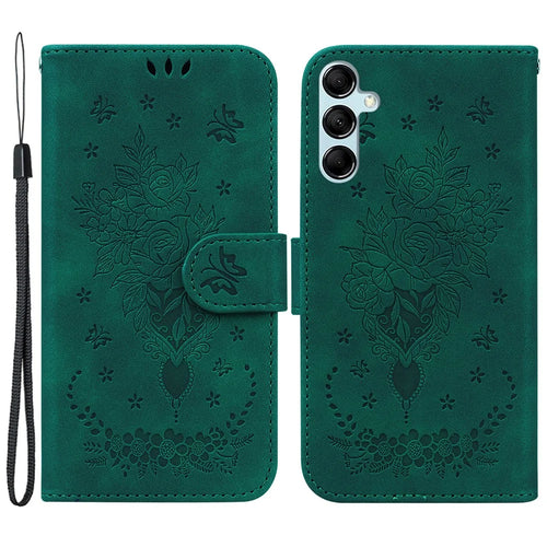 For Samsung Galaxy M34 5G / F34 5G Rose Butterfly Imprint Phone Case Leather Wallet Stand Cover - Green - 1