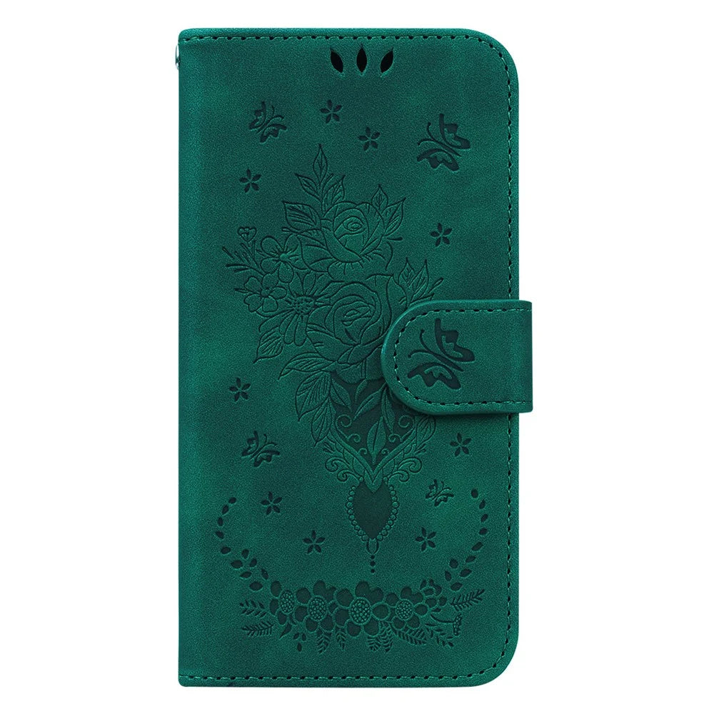 For Samsung Galaxy M34 5G / F34 5G Rose Butterfly Imprint Phone Case Leather Wallet Stand Cover - Green - 6