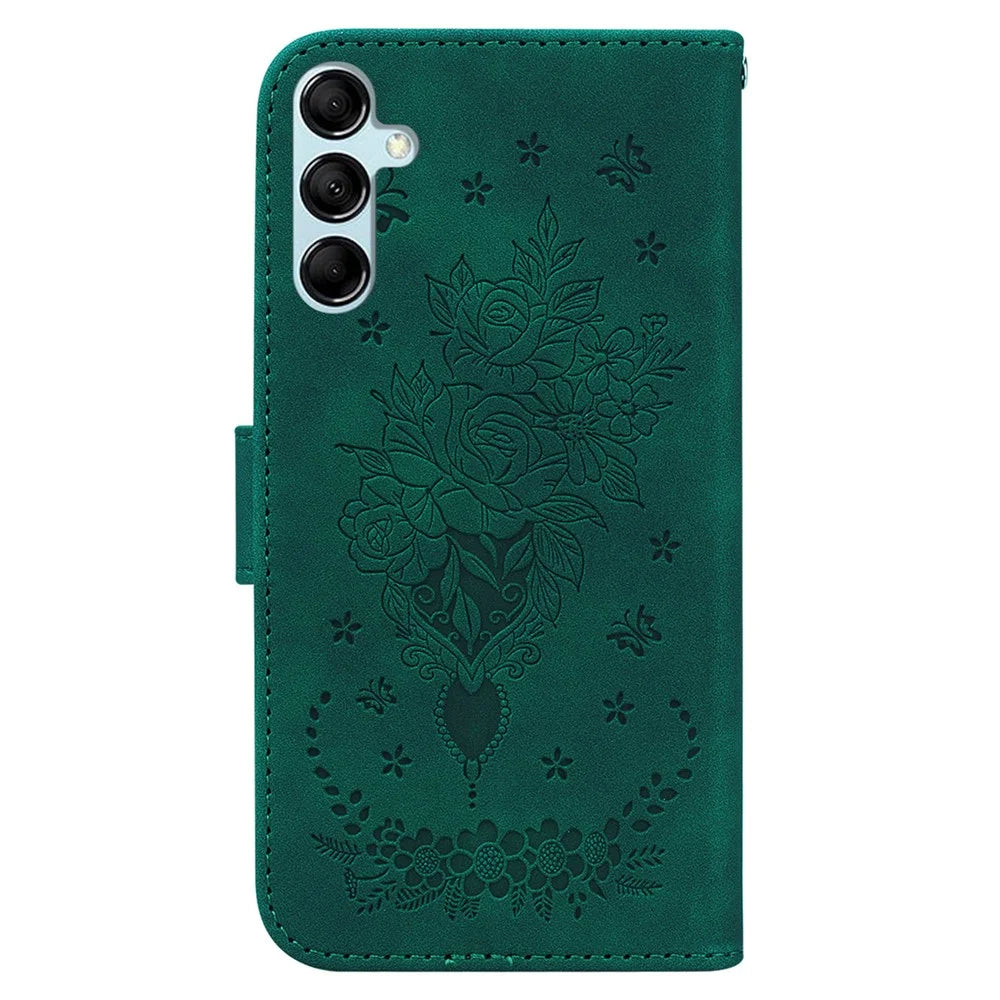 For Samsung Galaxy M34 5G / F34 5G Rose Butterfly Imprint Phone Case Leather Wallet Stand Cover - Green - 7