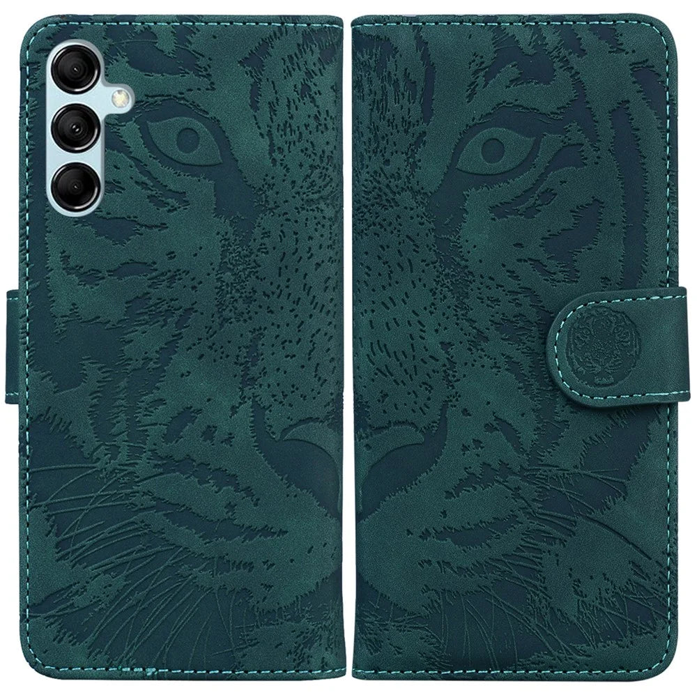 For Samsung Galaxy M34 5G / F34 5G Imprinted Tiger Wallet Cover Slim-Fit PU Leather Stand Phone Case - Green - 1