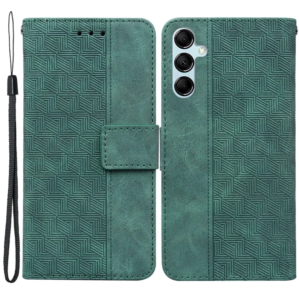 Phone Cover for Samsung Galaxy M34 5G / F34 5G , Wallet Stand PU Leather Geometry Imprinted Case - Green - 1