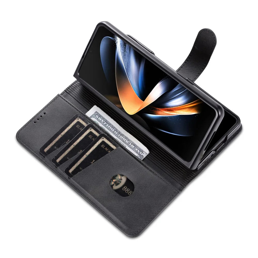AZNS For Samsung Galaxy Z Fold4 5G Case PU Leather + PC Anti-scratch Wallet Phone Cover - Black - 5