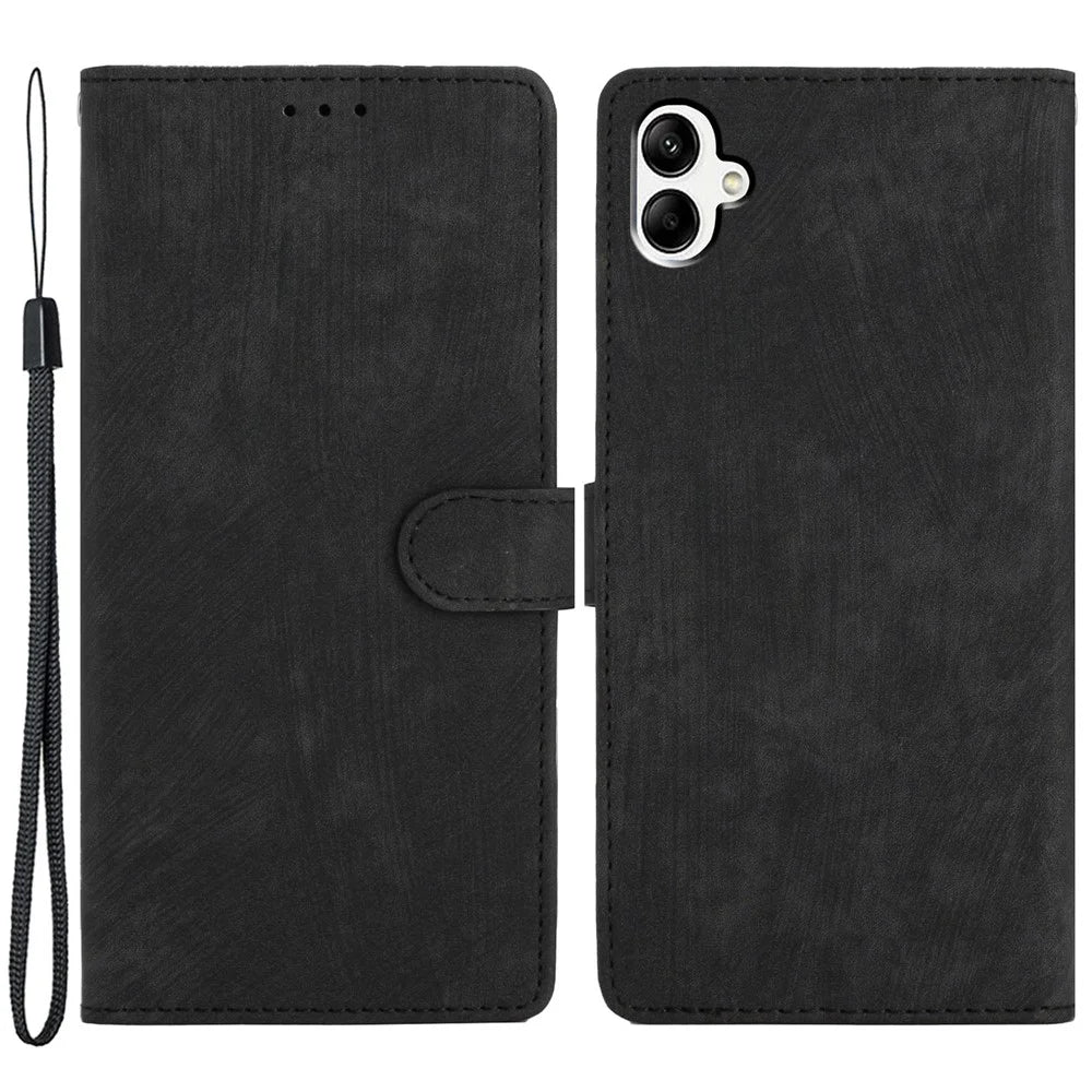 For Samsung Galaxy A05 4G Case PU Leather Folding Stand Solid Color Phone Cover - Black - 1