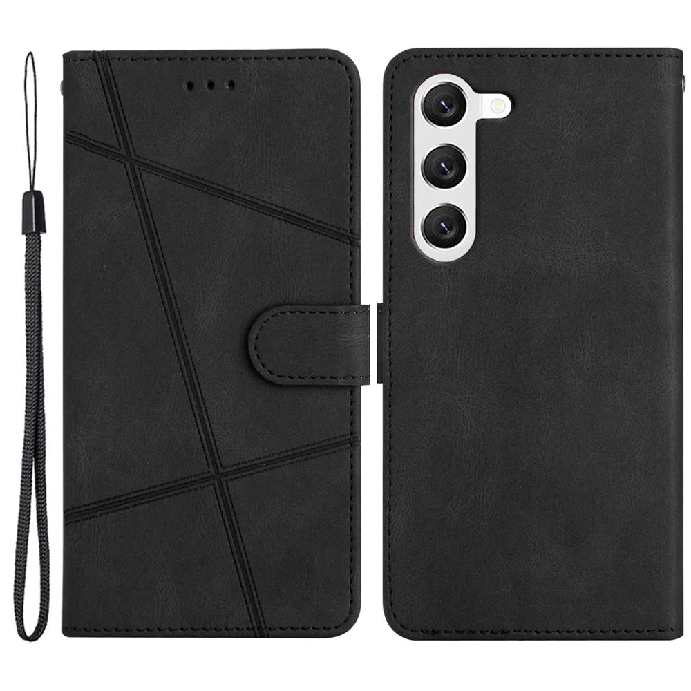 For Samsung Galaxy A05s 4G Wallet PU Leather Stand Case Imprinted Lines Crazy Horse Texture Phone Cover - Black - 1
