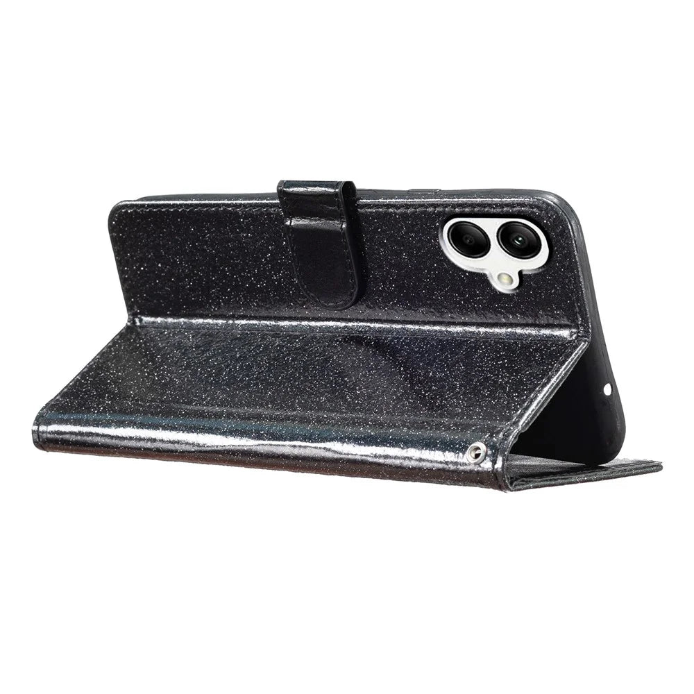 For Samsung Galaxy A05 4G Glittery PU Leather Wallet Phone Case Shockproof Flip Stand Cover - Black - 3