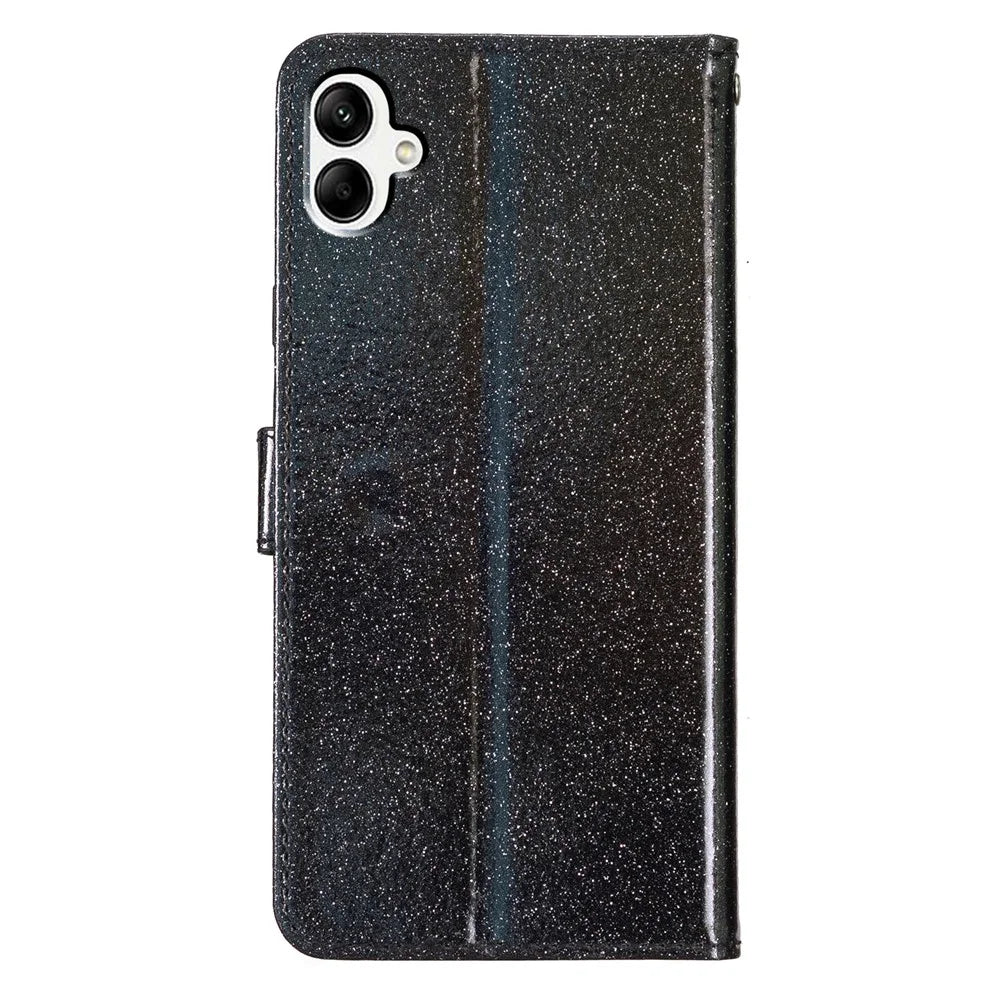 For Samsung Galaxy A05 4G Glittery PU Leather Wallet Phone Case Shockproof Flip Stand Cover - Black - 6