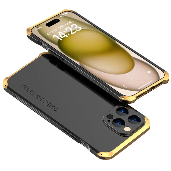 ELEMENT BOX For iPhone 15 Case Metal Frame PC+Silicone Slim Case Shockproof Phone Cover - Black / Gold - 1