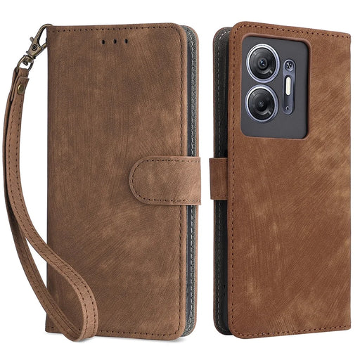 For Infinix Hot 30 5G / X6832 Anti-Scratch Phone Case PU Leather Stand Cover RFID Blocking Wallet Shell with Strap - Brown - 1