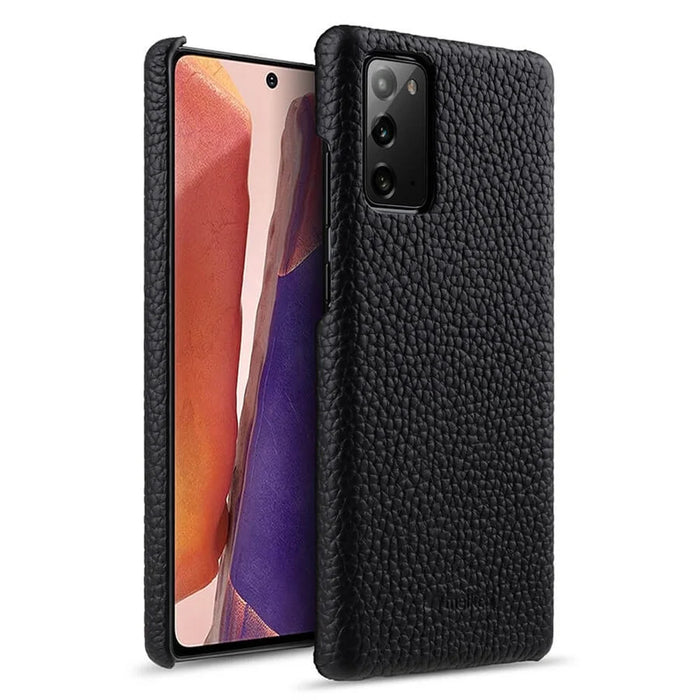 MELKCO Back Phone Case for Samsung Galaxy Note20 / Note20 5G , Genuine Cow Leather Coated PC Anti-Drop Cover - Black - 1