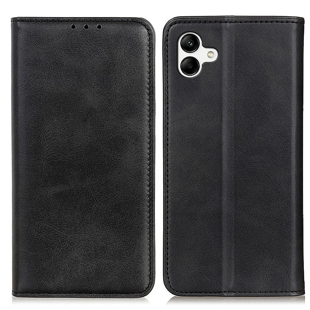 For Samsung Galaxy A05 4G Case Split Leather Cover Wallet Stand Cowhide Texture Phone Shell - Black - 1