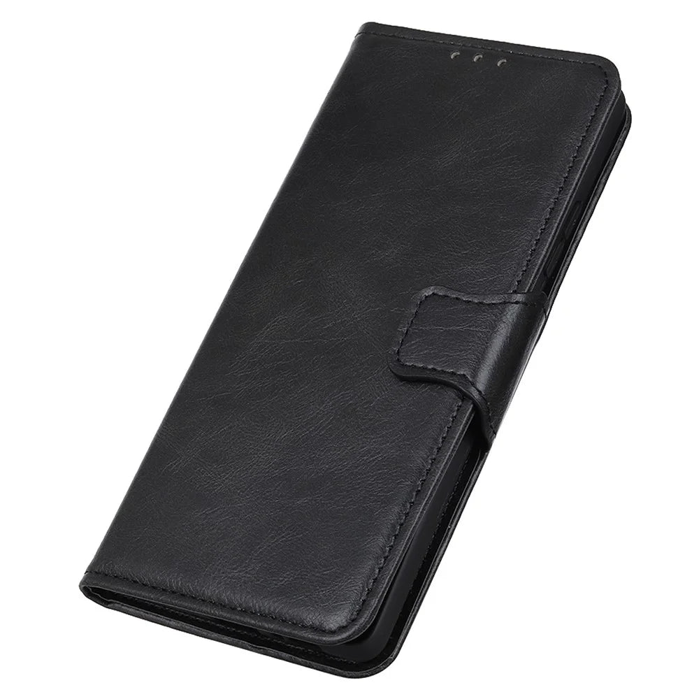 For Samsung Galaxy A05 4G Case PU Leather Shell Crazy Horse Texture Phone Cover - Black - 6