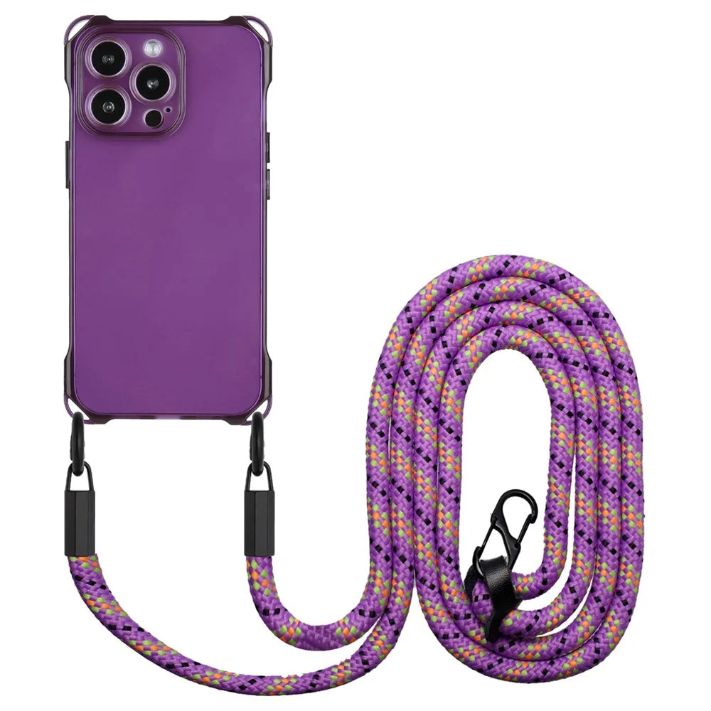 For iPhone 14 Pro Case Four Corners Drop Protection TPU Shell Cover with Hanging Rope - Purple - 1