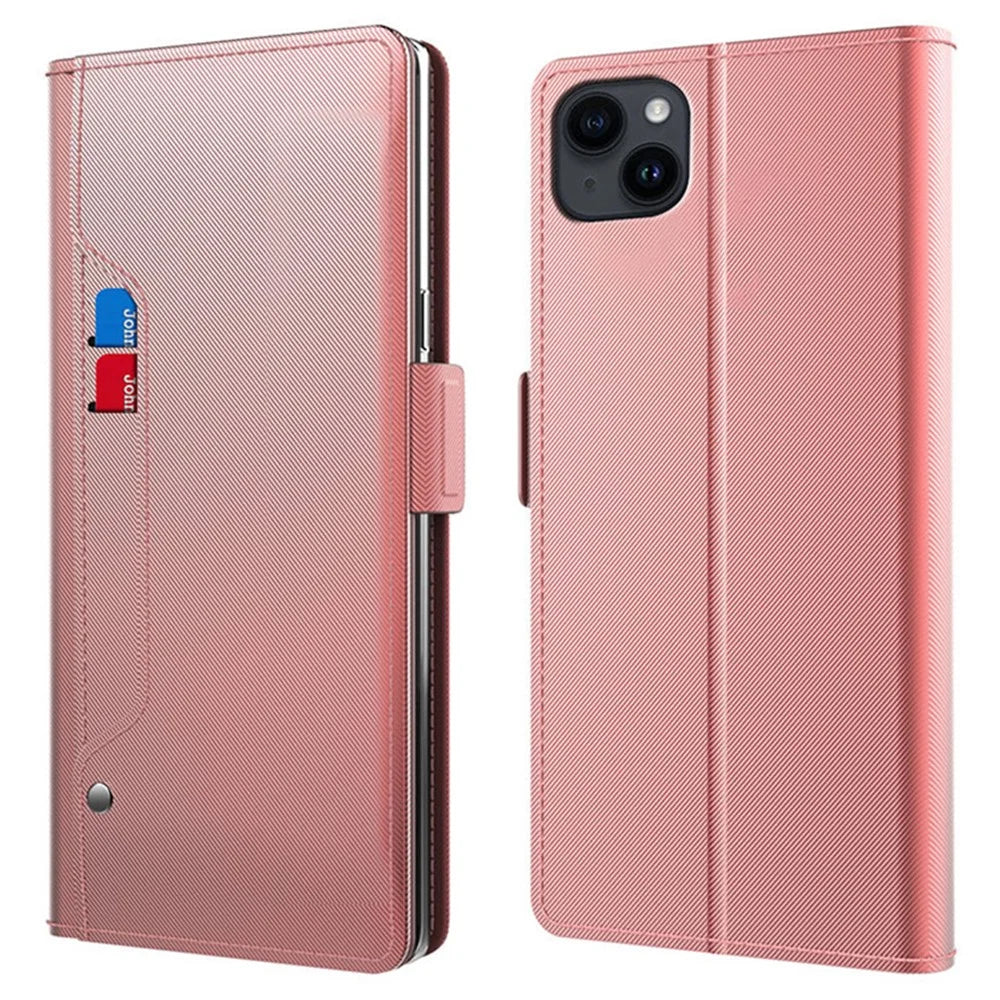 For iPhone 15 Case Anti-Scratch Stand Shell PU Leather Phone Cover with Mirror, Card Slot - Rose Gold - 1