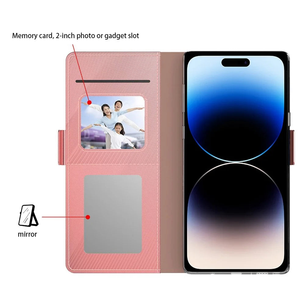 For iPhone 15 Case Anti-Scratch Stand Shell PU Leather Phone Cover with Mirror, Card Slot - Rose Gold - 2