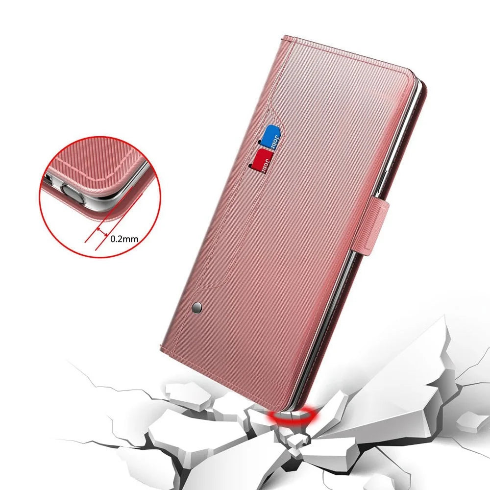 For iPhone 15 Case Anti-Scratch Stand Shell PU Leather Phone Cover with Mirror, Card Slot - Rose Gold - 4