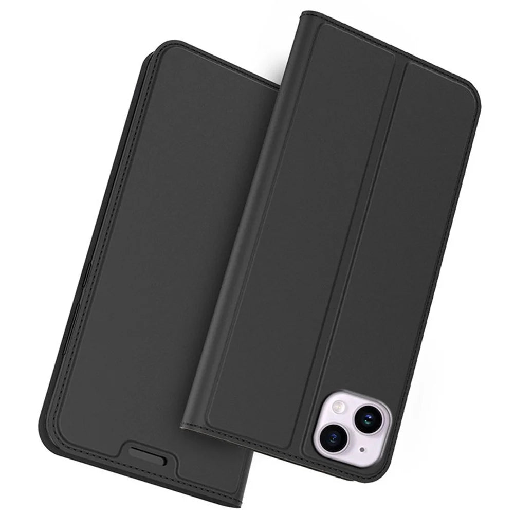 For iPhone 15 Case Magnetic Card Holder PU Leather Cell Phone Cover - Black - 1