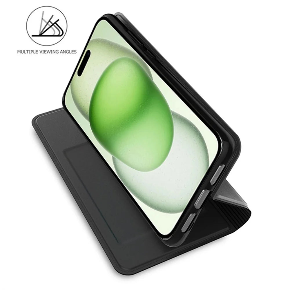 For iPhone 15 Case Magnetic Card Holder PU Leather Cell Phone Cover - Black - 2