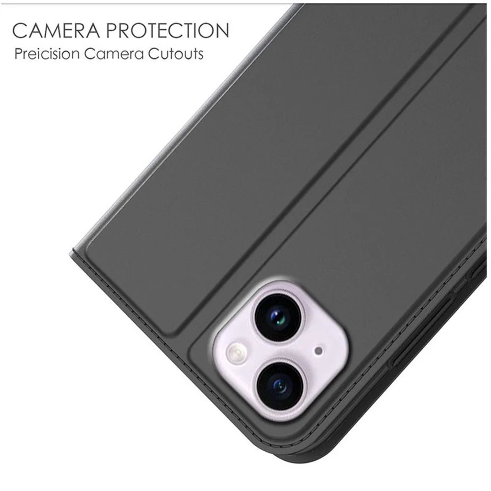 For iPhone 15 Case Magnetic Card Holder PU Leather Cell Phone Cover - Black - 4