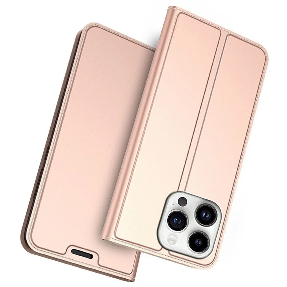 For iPhone 15 Pro Case PU Leather Phone Shell Card Holder Phone Cover - Rose Gold - 1
