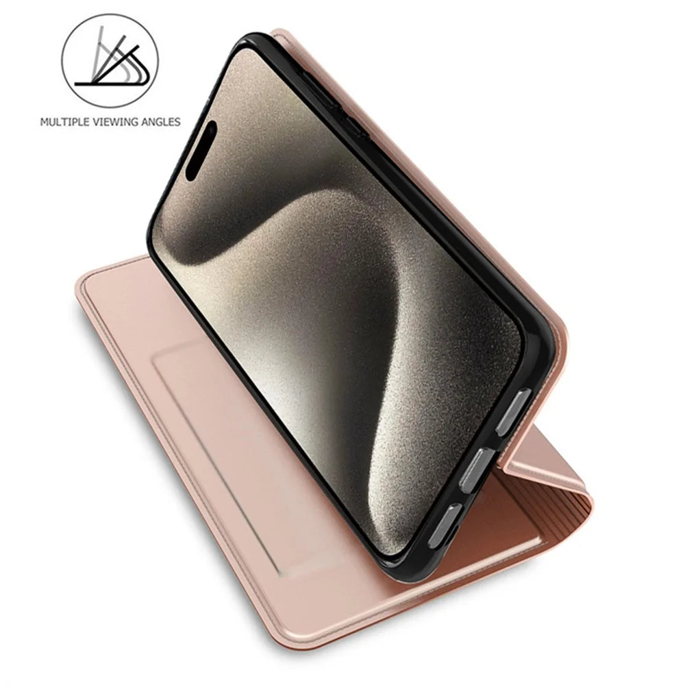 For iPhone 15 Pro Case PU Leather Phone Shell Card Holder Phone Cover - Rose Gold - 2