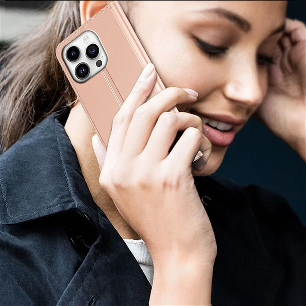 For iPhone 15 Pro Case PU Leather Phone Shell Card Holder Phone Cover - Rose Gold - 5