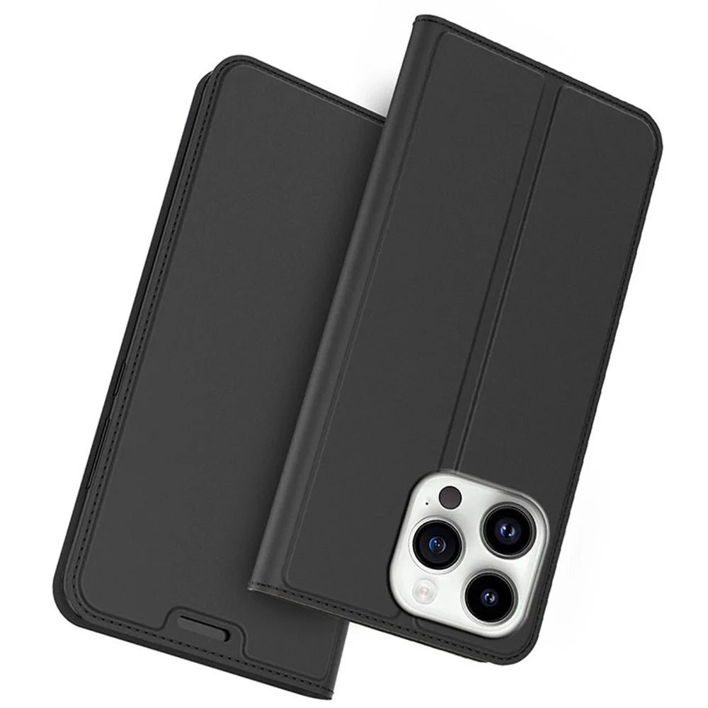 For iPhone 15 Pro Max Case Stand Design PU Leather Card Holder Mobile Phone Cover - Black - 1