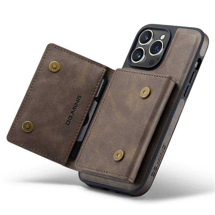 DG.MING M5 Series For iPhone 15 Pro Max Case PU+PC+TPU Phone Wallet Anti-drop Cover - Coffee - 7