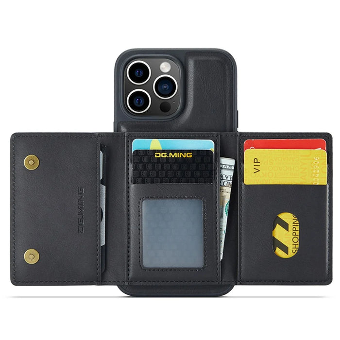DG.MING M5 Series For iPhone 12 / 12 Pro Case Tri-fold Wallet PU+PC+TPU Phone Cover - Black - 2