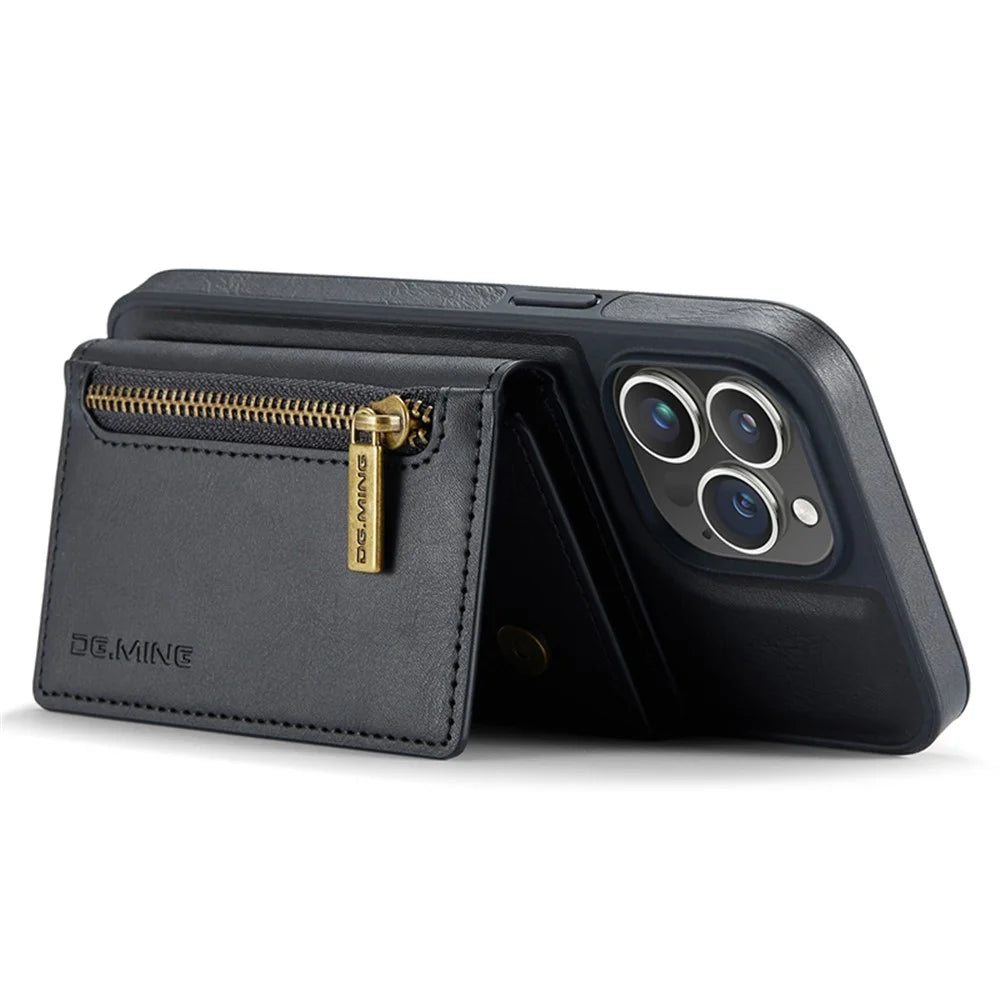 DG.MING M5 Series For iPhone 12 / 12 Pro Case Tri-fold Wallet PU+PC+TPU Phone Cover - Black - 3
