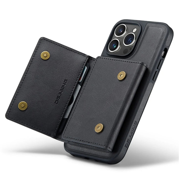 DG.MING M5 Series For iPhone 12 / 12 Pro Case Tri-fold Wallet PU+PC+TPU Phone Cover - Black - 7