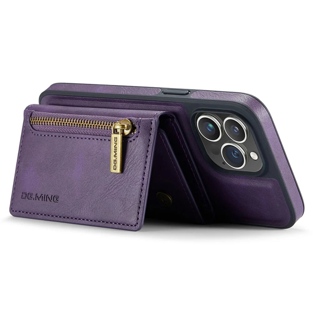 DG.MING M5 Series For iPhone 13 Pro Case Magnetic Wallet Anti-drop PU+PC+TPU Phone Cover - Purple - 3