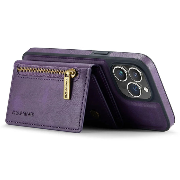 DG.MING M5 Series For iPhone 13 Pro Case Magnetic Wallet Anti-drop PU+PC+TPU Phone Cover - Purple - 3