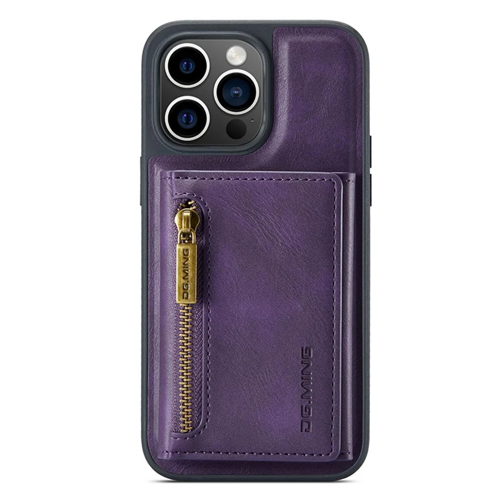 DG.MING M5 Series For iPhone 13 Pro Case Magnetic Wallet Anti-drop PU+PC+TPU Phone Cover - Purple - 6