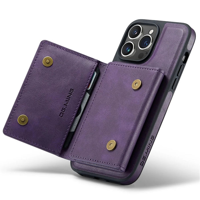 DG.MING M5 Series For iPhone 13 Pro Case Magnetic Wallet Anti-drop PU+PC+TPU Phone Cover - Purple - 7