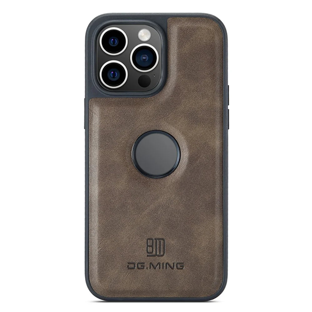 DG.MING For iPhone 15 Case Logo View Anti-Drop PU Leather Coated PC+TPU Cover - Coffee - 1