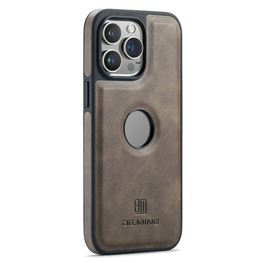 DG.MING For iPhone 15 Case Logo View Anti-Drop PU Leather Coated PC+TPU Cover - Coffee - 2