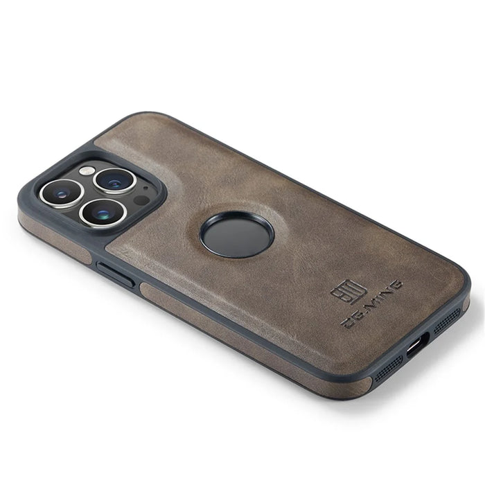 DG.MING For iPhone 15 Case Logo View Anti-Drop PU Leather Coated PC+TPU Cover - Coffee - 5