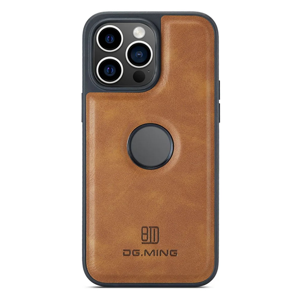 DG.MING For iPhone 15 Plus Case Logo View Back Shell PU Leather+PC+TPU Cover - Brown - 1