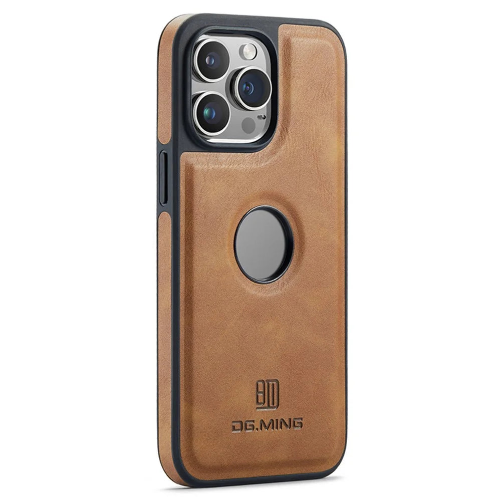 DG.MING For iPhone 15 Plus Case Logo View Back Shell PU Leather+PC+TPU Cover - Brown - 2